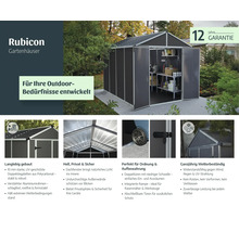 Dunkelgraues Rubicon Gartenhaus aus Polycarbonat mit Aluminiumrahmen, Doppeltüren, lichtdurchlässigem Dach und Inneneinrichtung im Garten.