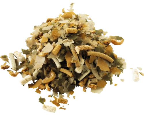 Fischfutter-Mischung aus Flocken, Sticks und getrockneten Kleinkrebsen für Aquarienfische.