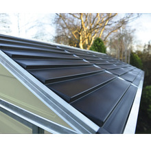 Gros plan d'un toit à deux versants d'un abri de jardin en métal avec des panneaux gris foncé et des profilés en aluminium argenté.