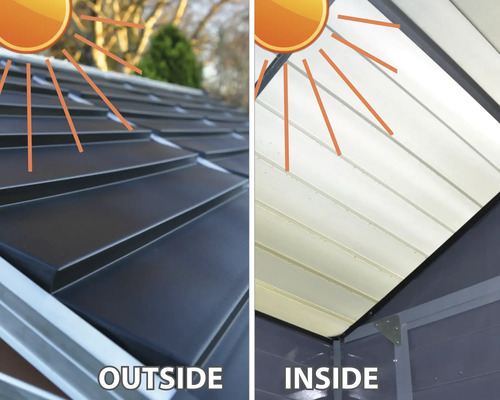 Comparaison de la vue extérieure et intérieure d'un toit métallique pour un abri de jardin sous l'ensoleillement.