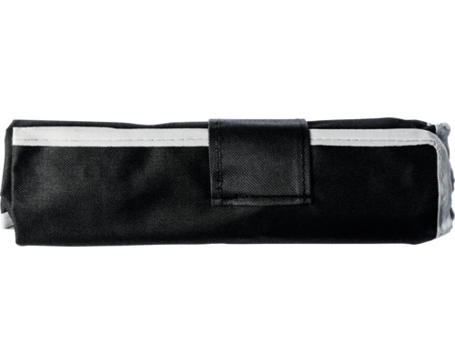 Trousse à outils fermée en textile noir avec bordure blanche et fermeture auto-agrippante.