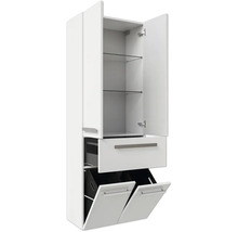 Armoire haute de salle de bains blanche avec deux portes, tablettes en verre, un tiroir et deux bacs à linge.