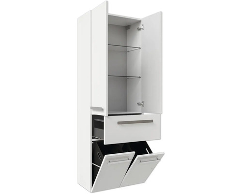 Armoire haute de salle de bains blanche avec deux portes, tablettes en verre, un tiroir et deux bacs à linge.