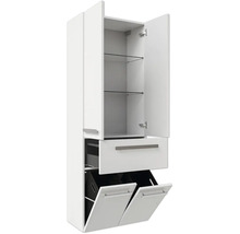 Armoire haute blanche avec tablettes en verre, un tiroir et deux compartiments basculants pour le linge.