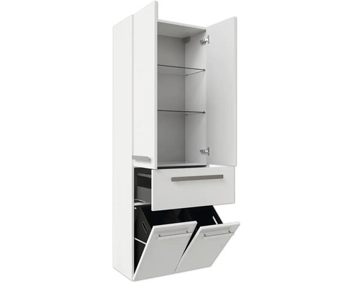Armoire haute blanche avec tablettes en verre, un tiroir et deux compartiments basculants pour le linge.