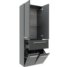 Armoire haute de salle de bain gris foncé avec deux portes, deux étagères en verre, un tiroir et deux bacs à linge basculants.