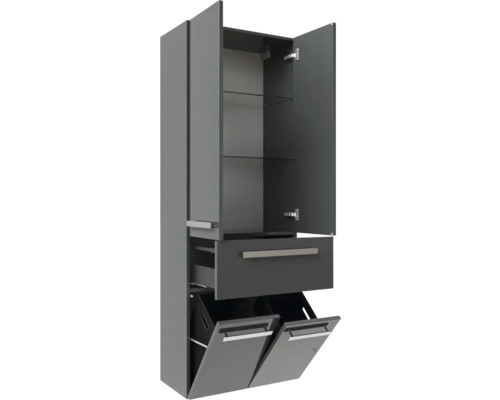Armoire haute de salle de bain gris foncé avec deux portes, deux étagères en verre, un tiroir et deux bacs à linge basculants.