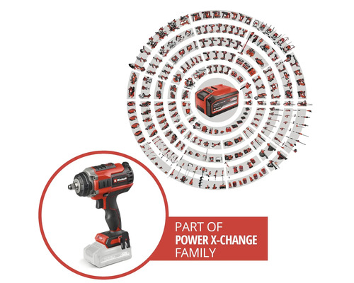 Einhell Akku-Schlagschrauber als Teil der Power X-Change Familie mit einer Übersicht vieler kompatibler Werkzeuge und Gartengeräte.