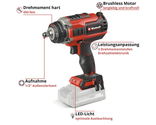Einhell Professional Akku-Schlagschrauber: bürstenloser Motor, 450 Newtonmeter Drehmoment, 3 Stufen, LED-Licht und 1/2 Zoll Außenvierkant.