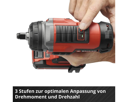 Akku-Schlagschrauber mit 3-Stufen-Einstellung für Drehmoment und Drehzahl.