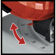 Winkelanzeige von null bis 45 Grad an einer Säge mit rotem Zeiger und rotem Pfeil für die Verstellmöglichkeit.