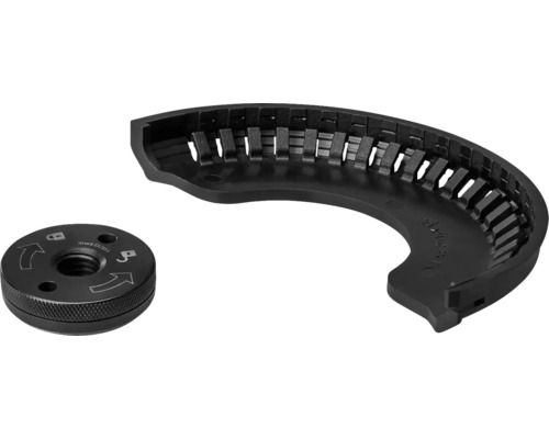 Zubehör für Winkelschleifer: eine schwarze Schnellspannmutter mit Verriegelungssymbolen und eine schwarze halbkreisförmige Schutzabdeckung.