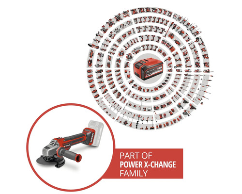 Einhell Akku-Winkelschleifer als Teil der Power X-Change Akku-Plattform mit Übersicht vieler kompatibler Werkzeuge und Gartengeräte.