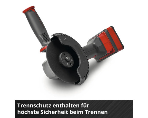 Akku Winkelschleifer mit montierter Trennschutzhaube und Seitengriff für sicheres Trennen.