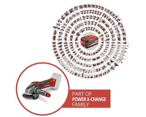 Einhell Akku-Winkelschleifer als Teil der Power X-Change Systemfamilie mit einer Vielzahl an kompatiblen Werkzeugen und Gartengeräten.