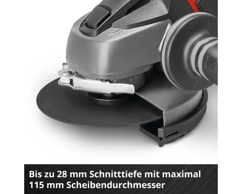 Winkelschleifer mit einer Schnitttiefe von bis zu 28 Millimeter und einem Scheibendurchmesser von maximal 115 Millimeter.