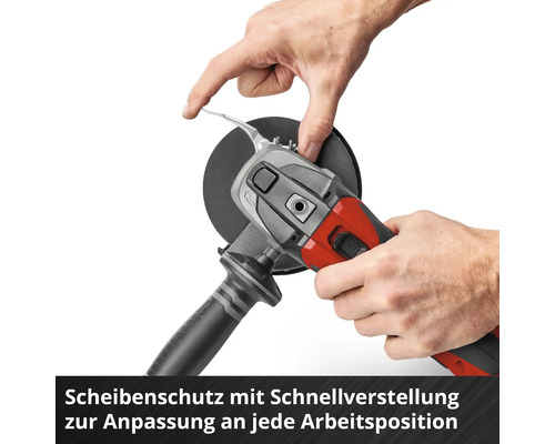 Winkelschleifer mit verstellbarem Scheibenschutz für verschiedene Arbeitspositionen.