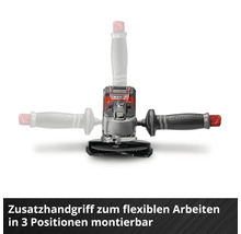 Einhell Winkelschleifer mit in drei Positionen montierbarem Zusatzhandgriff für flexibles Arbeiten.