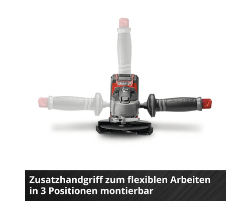 Einhell Winkelschleifer mit in drei Positionen montierbarem Zusatzhandgriff für flexibles Arbeiten.