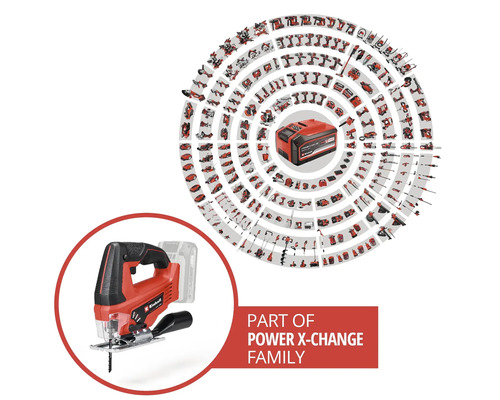 Scie sauteuse sans fil Einhell faisant partie de la famille Power X-Change avec un aperçu de nombreux outils compatibles.