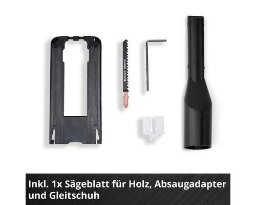 Kit d accessoires pour scies sauteuses avec Einhell Logo sur la lame bois, adaptateur d aspiration, patin de glissement et clé hexagonale.