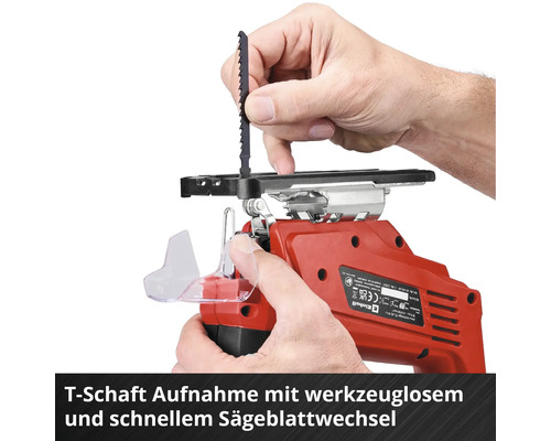 Scie sauteuse Einhell rouge avec emmanchement en T et changement de lame sans outil.