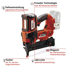 Einhell Akku-Tacker Fixetto mit PressAir Technologie, Tiefeneinstellung, LED-Licht und Magazin für 100 Klammern von 10 bis 40 Millimeter Länge.