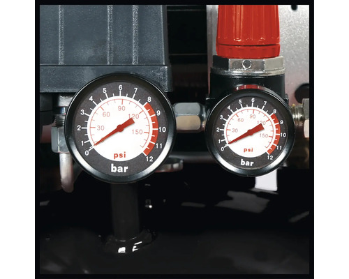 Zwei Druckmanometer an einem Kompressor mit Skalen für bar und psi.