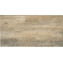 Dalle de terrasse rectangulaire à l'aspect pierre naturelle avec surface structurée et nuances de beige et de brun.