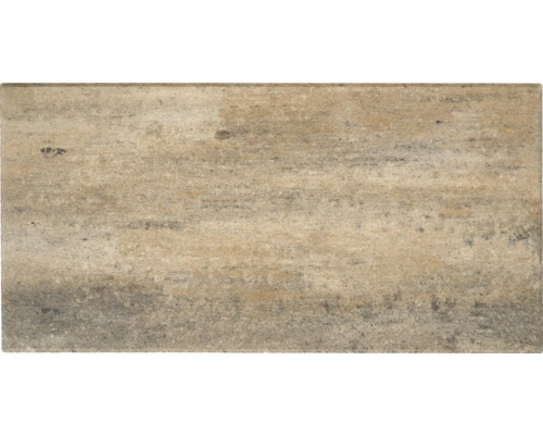 Dalle de terrasse rectangulaire à l'aspect pierre naturelle avec surface structurée et nuances de beige et de brun.