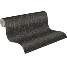 Papier peint intissé avec surface structurée et motif vertical noir et or.