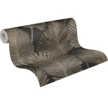 Papier peint intissé avec motif de grandes feuilles de palmier en marron et noir, surface légèrement structurée.