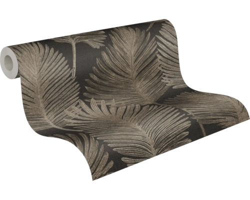 Papier peint intissé avec motif de grandes feuilles de palmier en marron et noir, surface légèrement structurée.