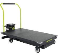 Zipper Elektro-Plattformwagen mit schwarzer Ladefläche und limettengrünem Schiebebügel.