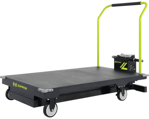 Gelber und schwarzer Zipper Elektro-Plattformwagen mit großer Ladefläche und Schiebebügel für den Transport schwerer Lasten.
