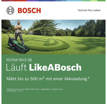 Logo Bosch. Tondeuse à gazon sans fil Rotak 18V2-38 sur une pelouse, tond jusqu'à 500 mètres carrés avec une seule charge de batterie.
