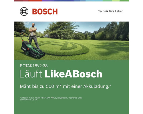 Logo Bosch. Tondeuse à gazon sans fil Rotak 18V2-38 sur une pelouse, tond jusqu'à 500 mètres carrés avec une seule charge de batterie.