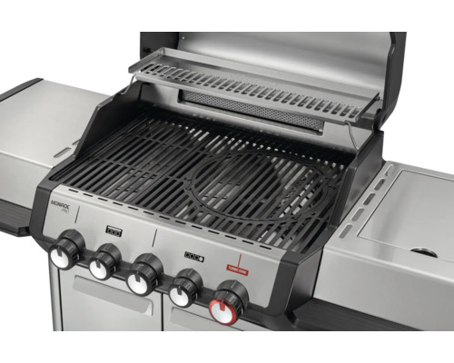 Monroe Pro Gasgrill aus Edelstahl mit Grillrost aus Gusseisen, Warmhalterost und fünf Drehreglern.
