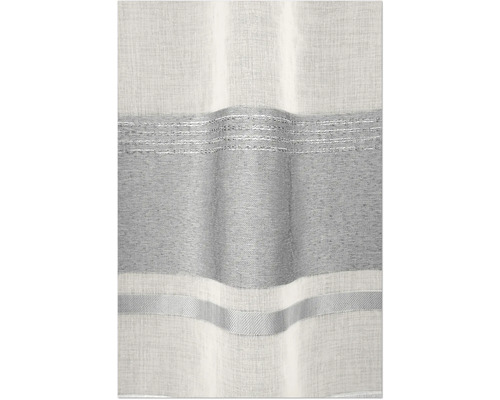 Tissu de rideau transparent blanc avec des rayures horizontales grises aspect lin.