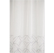 Rideau blanc transparent avec broderie géométrique sur le bord inférieur.