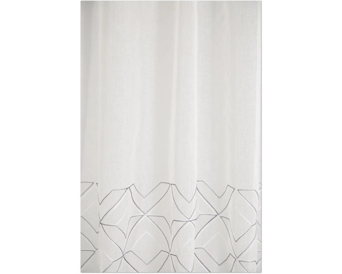 Rideau blanc transparent avec broderie géométrique sur le bord inférieur.