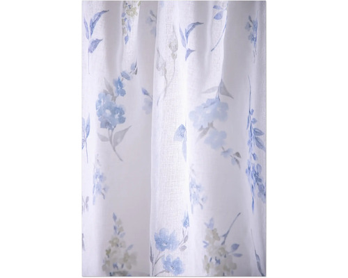Rideau transparent avec motif floral de fleurs bleues, structure de tissu fine.