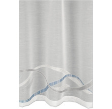 Rideau semi-transparent avec motif de vagues en bleu et gris sur le bord inférieur, tissu avec structure fine.
