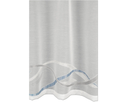 Rideau semi-transparent avec motif de vagues en bleu et gris sur le bord inférieur, tissu avec structure fine.
