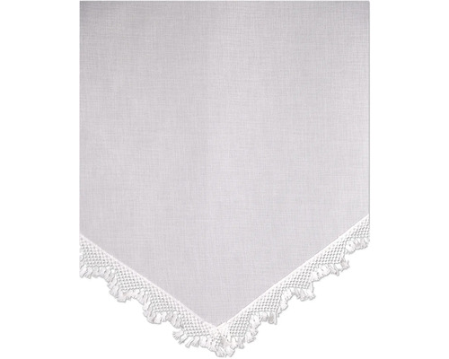 Rideau vitrage gris clair avec une bordure en dentelle blanche et des petits pompons sur le bord inférieur.