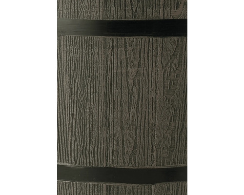 Detailansicht einer dunklen Holzmaserung auf einer Kunststofftonne mit waagerechten schwarzen Bändern.