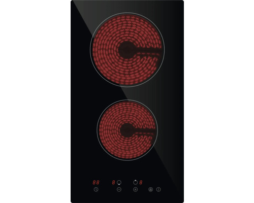 Table de cuisson vitrocéramique avec deux zones de cuisson et commande tactile avec fonction minuterie.