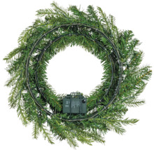 Couronne de Noël artificielle, vue de derrière avec structure métallique et boîtier à piles.
