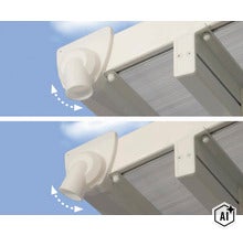 Vue détaillée d'une évacuation de gouttière réglable sur une pergola avec des flèches indiquant le réglage de l'inclinaison (Image AI modified or generated)