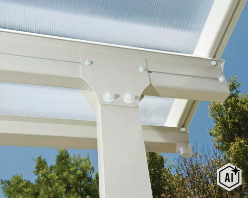 Vue détaillée de la jonction de poteaux d'une toiture de terrasse avec profils en aluminium et plaques alvéolaires en polycarbonate (Image AI modified or generated)